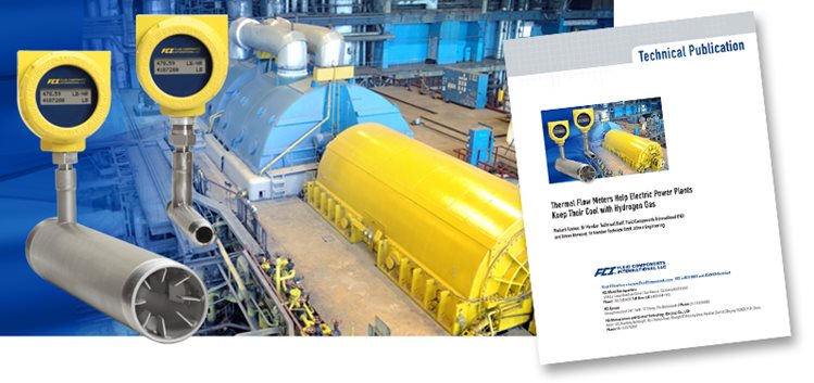 FCI model ST75V flow meter shown over background image of industrial power plant interior with large turbines; click to download case study